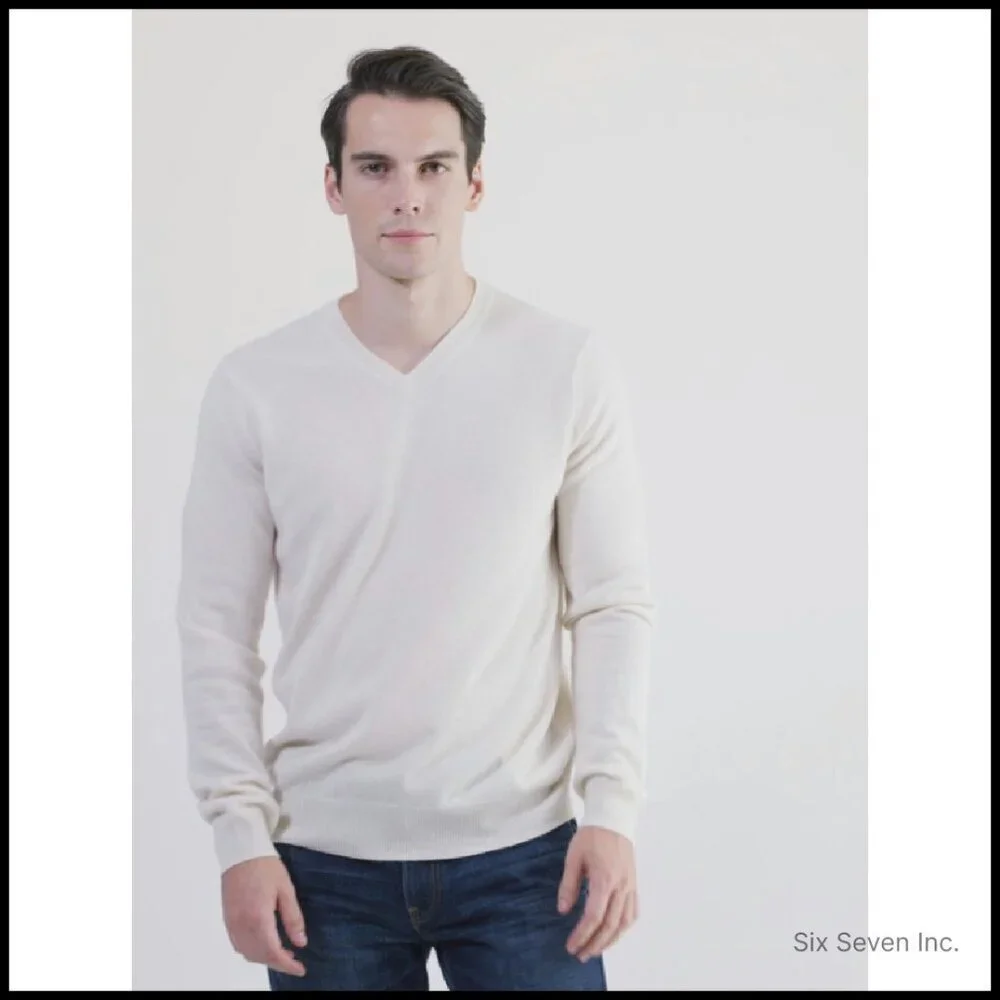 Men's Cashmere V-Neck Sweater Classic Long Sleeve Pullover Luxe Tailored Fit